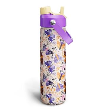 Imagem de ENCOOL Garrafa de água isolada com canudo de aço inoxidável, à prova de vazamento, livre de BPA, vácuo de parede dupla mantém frio por 24 horas para esportes, viagens, escola (740 ml, borboleta de