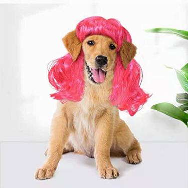 Imagem de Peruca engraçada para cosplay de cachorro, acessório de cabeça, fantasias de animais de estimação, vestido de gato para Halloween, Natal, festas, festivais, perucas para cães de tamanho pequeno, médio e grande (cabelo encaracolado longo e vermelho)