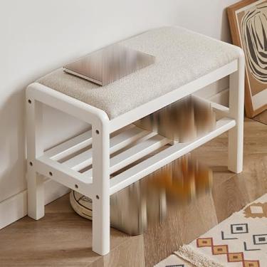 Imagem de Banco organizador de sapatos com almofada – elegante rack de armazenamento de sapatos de madeira para entrada, quarto, sala de estar – Banco de sapatos branco de 60 cm com armazenamento para facilitar