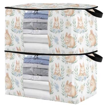Imagem de Burbuja Bolsa de armazenamento de roupas de coelho com tampas e alça, embalagem com 2 recipientes de armazenamento de cobertor dobrável com zíper resistente e janela transparente para armário de