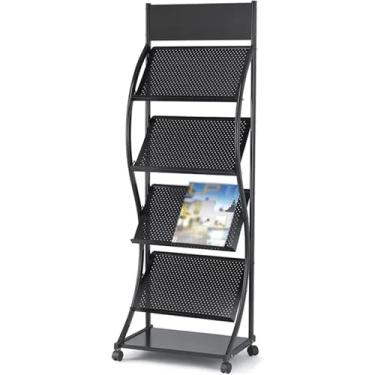 Imagem de Porta-revistas em forma de S, rack de informações de suporte de piso de metal, exibição de jornal em pé com polias, organizador de livros elegante para uso doméstico e no escritório