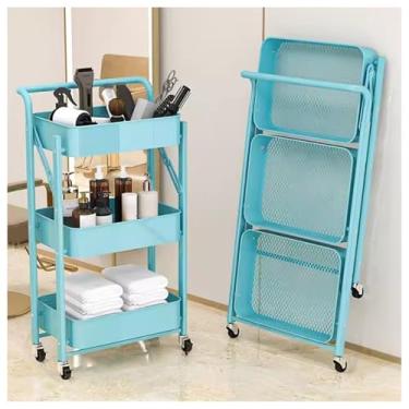 Imagem de Carrinho utilitário dobrável de várias camadas com rodízios - Carrinho de rodinhas que economiza espaço para assar e pintar - Solução de armazenamento azul resistente à ferrugem