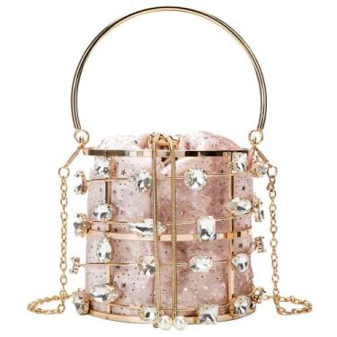Imagem de Bolsa de mão de metal vazada bolsa de casamento de cristal bolsa de noite feminina bolsa de festa, rosa, M