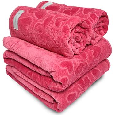Imagem de Jogo de Banho 4 Peças Romance Dohler Aveludada 100% Algodão Toalha Fio Penteado Coração Borboleta (Rosa 10366)