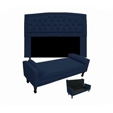Imagem de Conjunto Cabeceira Geovana + Calçadeira Fênix Queen 160cm Suede Azul Marinho - LM DECOR