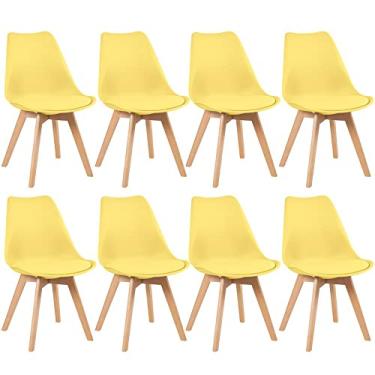 Imagem de Loft7, Conjunto Kit 8 Cadeiras Leda Com Assento Estofado, Encosto De Polipropileno E Pés De Madeira Natural, Elegante Sala De Jantar Cozinha Bar Varanda Gourmet, Amarelo