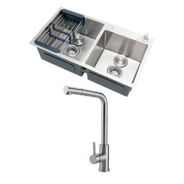 Imagem de Kit Cuba para Cozinha Awá e Torneira Misturador Monocomando Extensível Gurupi - Prata