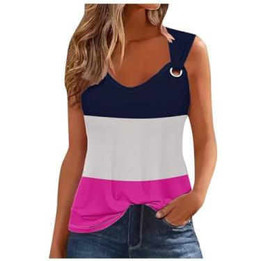 Imagem de Lainuyoah Camisetas femininas sem mangas casuais de verão com alça redonda e gola entalhada, casual, colorblock gradiente, moderna, A - rosa quente, P