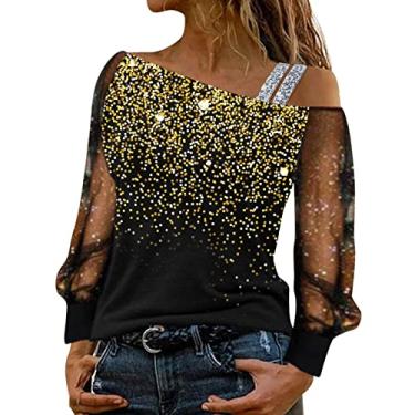 Imagem de Aniywn Camiseta feminina de manga comprida com ombro de fora e lantejoulas de malha com glitter, blusa de festa, clube, blusa Y2K, A10 - Amarelo, XXG