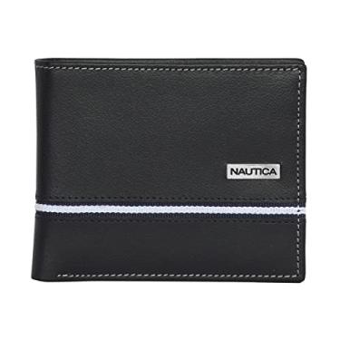 Imagem de Nautica Carteira masculina clássica de couro dobrável RFID (disponível em grãos lisos ou seixos), Fita com logotipo - preta, tamanho nico