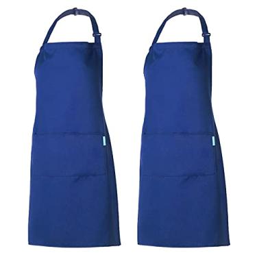 Imagem de 2 peças/conjunto Adultos Poliéster Cozinha Churrasco Restaurante Avental com Cinto de Pescoço Ajustável 2 Bolsos para Cozinhar Assar Jardinagem para Homens Mulheres-Azul