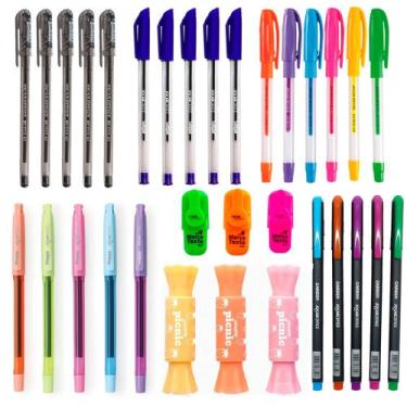 Imagem de Kit de Canetas Coloridas Esferografica Gel Marca Texto 32 Unidades - L