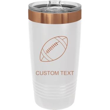 Imagem de Futebol, copo de aço inoxidável personalizado gravado a laser 590 ml café de viagem branco/ouro rosa banhado a íon parede dupla carro viagem caminhão anel caneca personalizável, tampa deslizante