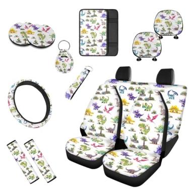 Imagem de Uskorhein Capa de assento de carro com desenho à mão T-rex de desenho animado mini dinossauro conjunto completo universal 13 peças para bonito pterossauro dinossauro floresta capa de assento dianteiro