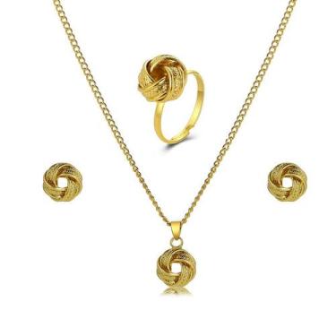 Imagem de Conjunto Jogo Anel Colar e Brincos Elegante Moderno Dourado - anjo da 