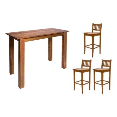 Imagem de Aparador De Apoio 1,60m Para Bar Rústico Decorativo Com 3 Banquetas Bh Em Madeira Maciça - Natural - Bege