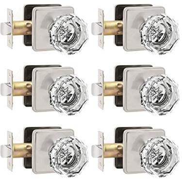 Imagem de Orger Maçaneta de porta de vidro para corredores internos e armários, maçanetas de porta de cristal transparente com acabamento de níquel acetinado, maçanetas sem trava sem chave com placa traseira quadrada, pacote com 6