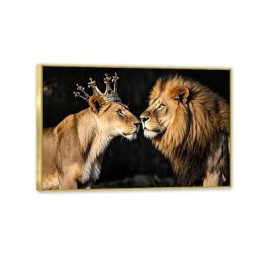 Imagem de SDYJ6GSW Conjunto de arte de parede em tela Leão e Leoa Leão preto e branco com coroa dourada Rei imagem de animal arte para quarto decoração de casa 90 x 60 cm (36 x 24 pol) moldura dourada