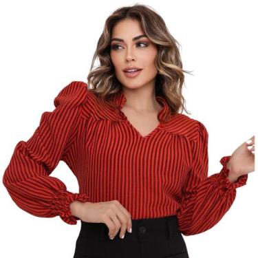 Imagem de Blusa Manga Longa Feminina Listrada Social Gola V Bufante - LOOK MODAS