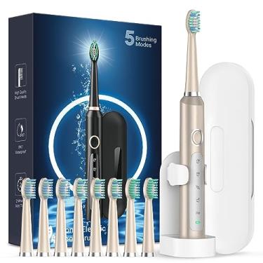 Imagem de Escova de dentes elétrica sônica para adultos – Escovas de dentes elétricas recarregáveis com 5 cabeças de escova e suporte, estojo de viagem, escova de dentes elétrica elétrica com suporte, carga de