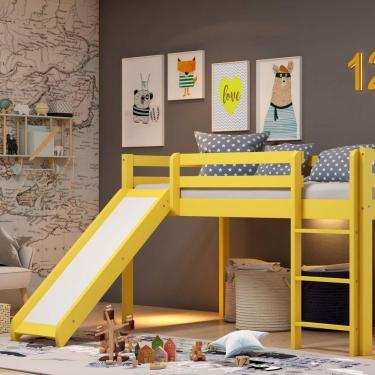 Imagem de Cama Alta Kids Com Escorregador Em Madeira Maciça-mdf Amarelo