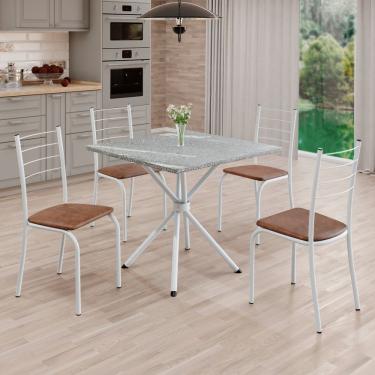 Imagem de Conjunto Sala De Jantar Mesa Quadrada 70x70cm Tampo Granito Topázio 4 Cadeiras Rio C. Marrom / Branco