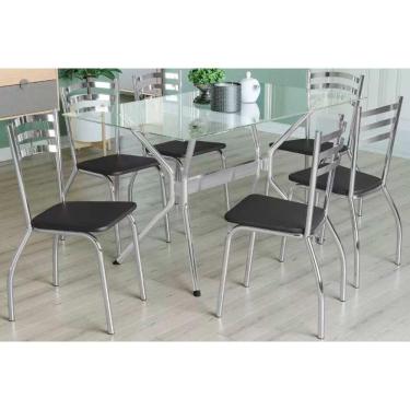 Imagem de Sala De Jantar Loire Com Tampo De Vidro 80x140cm E 6 Cadeiras Noruega Cromada Preto