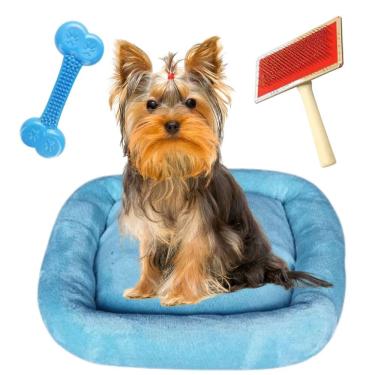 Imagem de Kit Cama Pet Luxo 40x40 Com Osso Massageador E Rasqueadeira Azul Claro