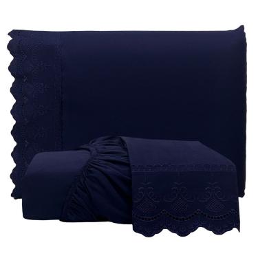 Imagem de Jogo De Lençol King Bordado Ingles Micropercal 300 Fios Toque De Algodão 3 Peças - Azul Marinho