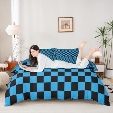 Imagem de Manfei Conjunto de capa de edredom quadriculado azul preto tamanho casal, jogo de cama quadriculado geométrico reversível, 3 peças, decoração de quarto de crianças, meninos e meninas, capa de colcha