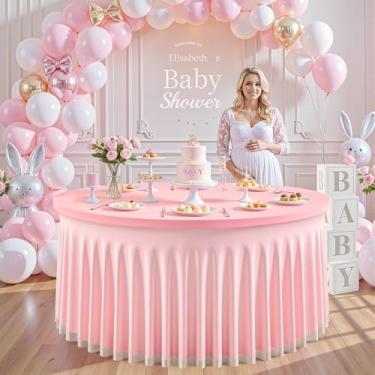 Imagem de Wish Care Toalha de mesa redonda de tule rosa de 152 cm de elastano, saia tutu com babados de 1,5 m, sem rugas, elástica, para chá de bebê, casamento, meninas, festa de aniversário, banquete, bolo