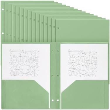Imagem de Yeaqee 50 pastas de plástico com bolsos a granel 3 furos perfurados 2 pastas de arquivo para 3 pastas divisórias de fichário para cadernos, poliéster durável para escritório, casa (verde sálvia)