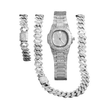 Imagem de Pulseira de Relógio Masculina tipo Corrente Cubana Banhada a Ouro - Es