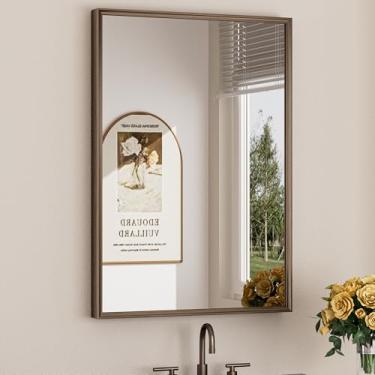 Imagem de Keonjinn Espelho de bronze de 61 x 91 cm para banheiro, espelhos de parede emoldurados de aço inoxidável, antiferrugem, vidro temperado HD, à prova de estilhaçamento, espelho retangular para banheiro