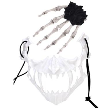 Imagem de YDBILLOW Meia máscara de caveira de animal de Halloween + clipe de cabelo de mão de esqueleto com 2 rosas pretas - conjunto de acessórios perfeitos para cosplay e festas femininas