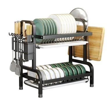 Imagem de Escorredor de Louça 2 Níveis, tamanho 53x23x38 cm, com Suporte para Talheres e Bandeja Coletora, escorredor de pratos, todo em metal pintado na cor preta