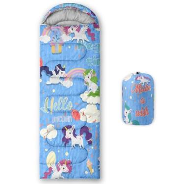 Imagem de Smell Sunshine Saco de dormir infantil para meninos e meninas, estampa de unicórnio azul de desenho animado, leve, quente, portátil, uso interno, impermeável, resistente ao clima frio, saco de dormir