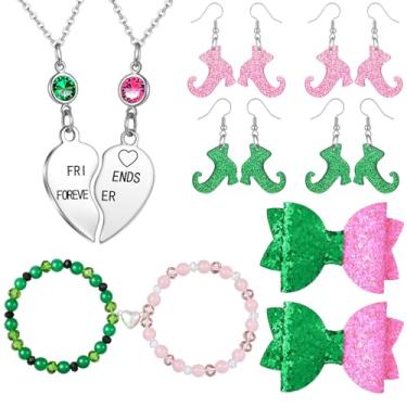 Imagem de Newcotte Conjunto de 8 peças de joias combinando amizade rosa verde amizade pulseiras brincos colares grampos de cabelo BFF casais acessórios presentes para decoração de vestido de Halloween
