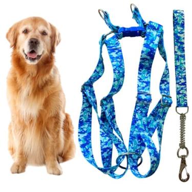 Imagem de Coleira Peitoral Americano para Cachorro Médio e Grande com Guia Anti Puxão - Pitbull, Golden, Labrador, Rottweiler, Fila, Pastor Alemão, Doberman, Toni Corso (Camuflado Azul)