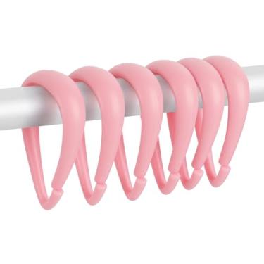 Imagem de Top-spring Ganchos de cortina de chuveiro de plástico rosa - 12 peças em forma de gota rosa claro ganchos de chuveiro para cortina de banheiro varão de chuveiro