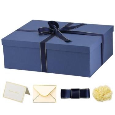 Imagem de Caixa de presente YINUOYOUJIA grande azul 42x33x14cm com cartão e fita