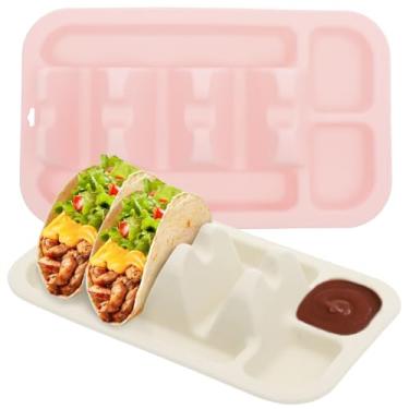 Imagem de 2 peças de suporte reutilizável de silicone para tacos com divisória, lavável na lava-louças, placa de taco deslizante para festa e piquenique e jantar (rosa bege)