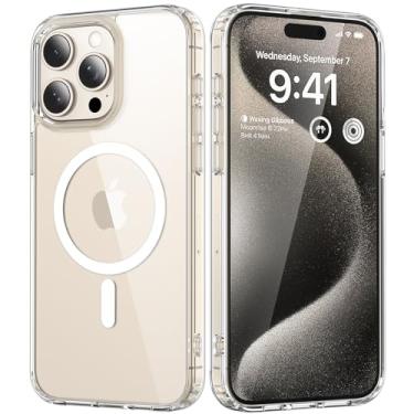 Imagem de Asukin Capa para iPhone 15 Pro, ímã forte, compatível com MagSafe, proteção de grau militar à prova de choque, capa protetora fina para celular de 6,1 polegadas para Apple 15Pro, transparente (super