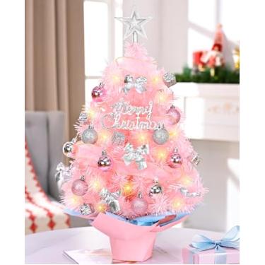 Imagem de Pequena árvore de Natal rosa com luzes, mini árvore de Natal de 6 m com ramos realistas, enfeites para pendurar, caixas de presente decorativas para manto de mesa, decoração de Natal DIY