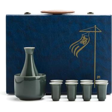 Imagem de JOEUQK Conjunto de saquê com tigela quente, cerâmica doméstica conjunto de 10 peças de saquê com 8 copos de saquê, GIF ideal, verde escuro