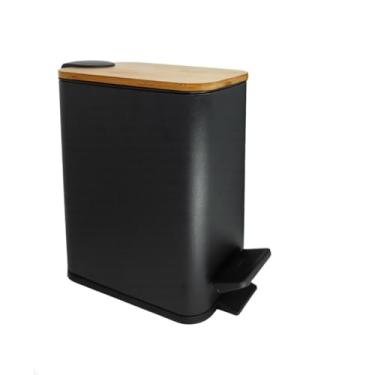 Imagem de Lixeira Slim Estreita 5 Litros Pedal Tampa De Bambu Banheiro Cozinha Lavabo Preta