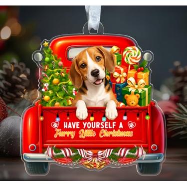 Imagem de Enfeite de acrílico Beagle – Have Yourself A Furry Little Christmas – Caminhão vermelho de Natal – Decoração festiva de Natal – Pendurado em árvore de Natal