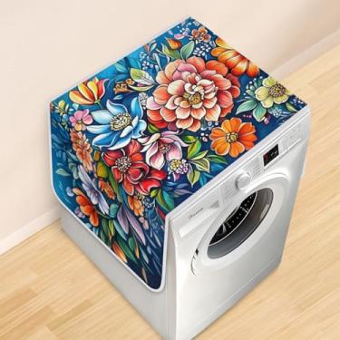 Imagem de Capa de máquina de lavar floral para parte superior - Tapete protetor antiderrapante para lavadora e secadora, almofada decorativa à prova de poeira 78 x 45 cm para lavanderia e cozinha (design de