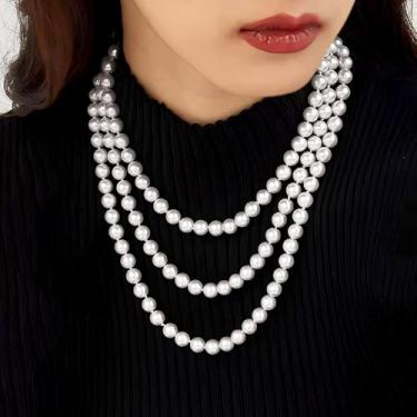 Imagem de Colares longos de pérolas para mulheres, colar em camadas de fio branco creme, bijuterias, presentes para mulheres, 59", Vidro, Sem Pedra Preciosa