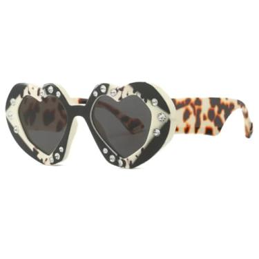 Imagem de Óculos de Sol Femininos de Luxo em Formato de Coração com Diamantes e Strass (C6 Bege Flor-Preto)